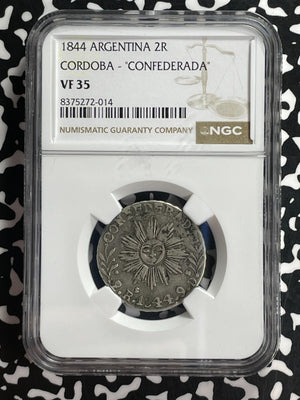 1844 Argentina Cordoba 'Confederada' 2 Reales NGC VF35 Lot#G934 Silver! Scarce!