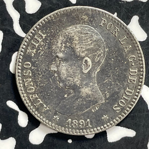 1891 Spain 1 Peseta Lot#JM9949 Silver! Nice!