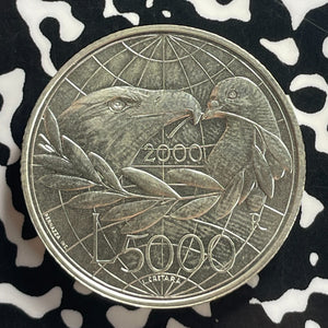 2000 San Marino 5000 Lire Lot#T7792 Silver! High Grade! Beautiful!