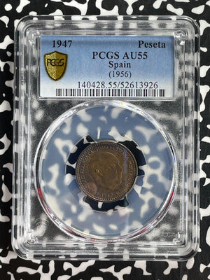 1947 (56) Spain 1 Peseta PCGS AU55 Lot#G918 Key Date!