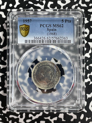 1957 (68) Spain 5 Pesetas PCGS MS62 Lot#G892 Nice UNC!