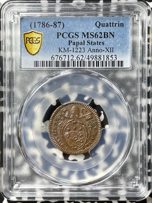 (1786-87) Papal States 1 Quattrino PCGS MS62BN Lot#G8229 Nice UNC! KM#1223