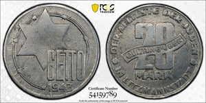 1943 Poland Lodz Ghetto 20 Mark PCGS Scratch-AU Detail Lot#G1052 Very Scarce!