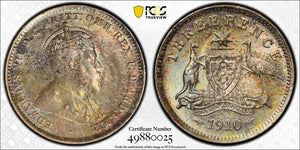 1910 Australia 3 Pence Threepence PCGS AU58 Lot#G8089 Silver!