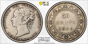 1880 Newfoundland 50 Cents PCGS VF20 Lot#G883 Silver! Key Date!