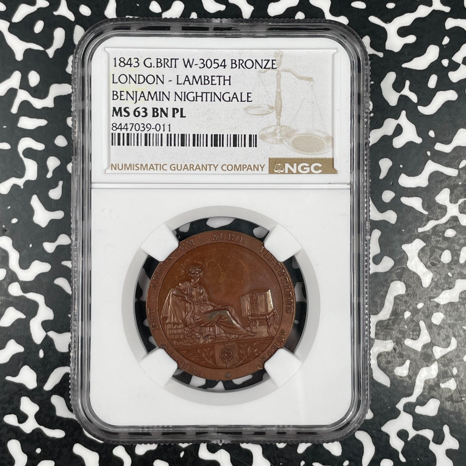 1843 G.B London Benjamin Nightingale Merchant Token NGC PL63 Lot#G3506 72 Minted