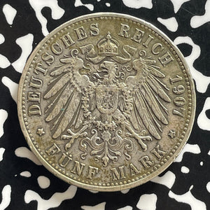 1907-F Germany Wurttemberg 5 Mark Lot#JM0125 Large Silver!