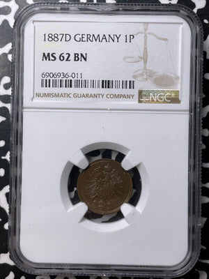 1887-D Germany 1 Pfennig NGC MS62BN Lot#G8748 Nice UNC!