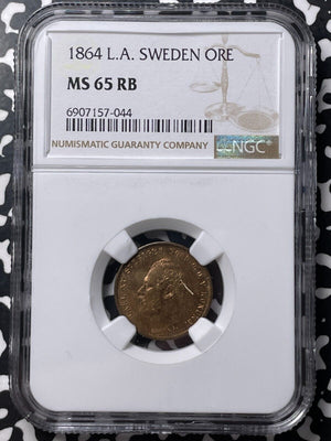 1864-LA Sweden 1 Ore NGC MS65RB Lot#G8992 Gem BU! Top Graded!