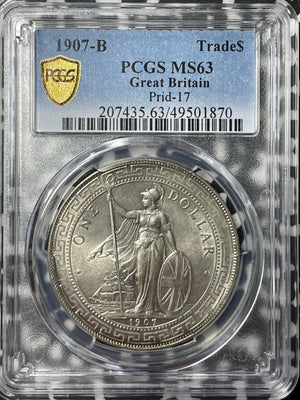 1907-B G.B./ H.K. $1 Trade Dollar PCGS MS63 Lot#G8034 Large Silver! Prid-17