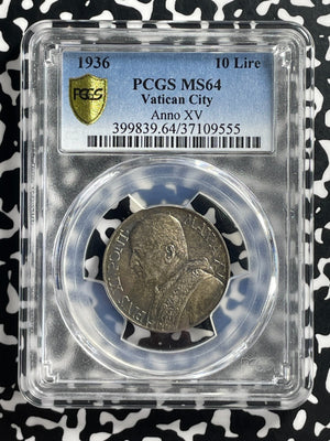 1936 Vatican City 10 Lire PCGS MS64 Lot#G631 Silver! Choice UNC!