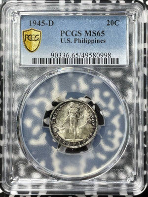 1945-D U.S. Philippines 20 Centavos PCGS MS65 Lot#G8124 Silver! Gem BU!