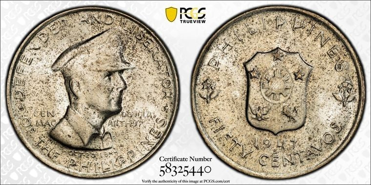 1947-S Philippines MacArthur 50 Centavos PCGS MS66 Lot#G3618 Silver! Gem BU!