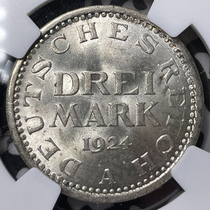 1924-A Germany 3 Mark NGC MS63 Lot#G7048 Silver! Choice UNC!
