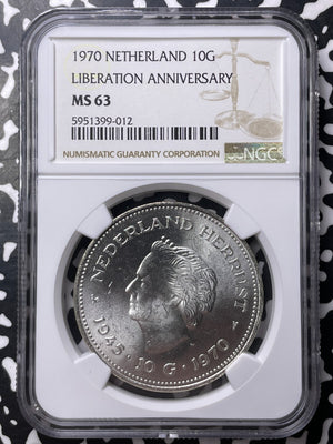 1970 Netherlands Liberation Anniversary 10 Gulden NGC MS63 Lot#MK115 Silver!