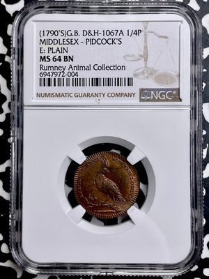 (1790s) G.B. Middlesex Pidcock's Conder Farthing Token NGC MS64BN Lot#G9806
