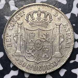 1885 Spanish Philippines 50 Centimos Lot#MK252 Silver!