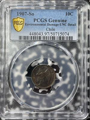 1907-So Chile 10 Centavos PCGS Environmental Damage-UNC Detail Lot#G9232 Silver!