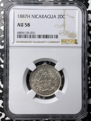 1887-H Nicaragua 20 Centavos NGC AU58 Lot#G8068 Silver!