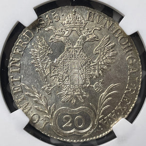 1815-B Austria 20 Kreuzer NGC MS61 Lot#G8792 Silver! Nice UNC!