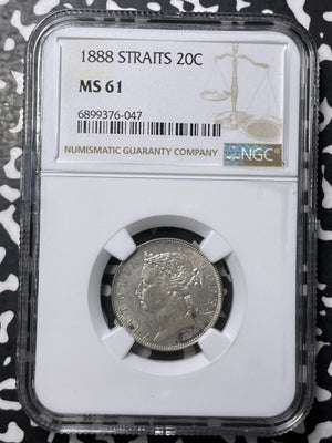 1888 Straits Settlements 20 Cents NGC MS61 Lot#G8433 Silver! Nice UNC!