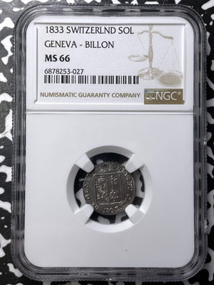 1833 Switzerland Geneva 1 Sol NGC MS66 Lot#G7236 Gem BU!