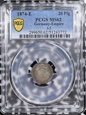 1874-E Germany 20 Pfennig PCGS MS62 Lot#G9346 Silver! Nice UNC! J-5