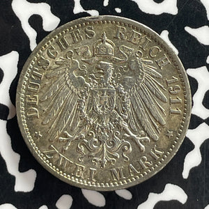 1911-A Germany Prussia 2 Mark Lot#T7732 Silver! Nice!