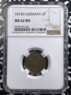 1874-D Germany 2 Pfennig NGC MS62BN Lot#G9141 Nice UNC! Better Date!