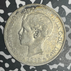 1898 Spain 5 Pesetas Lot#T6137 Large Silver Coin! Cleaned