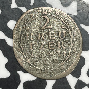 1743-GCF Germany Hesse-Darmstadt 2 Kreuzer Lot#T6520 Silver!