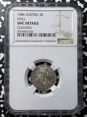 1686 Austria Hall 3 Kreuzer NGC Cleaned-UNC Details Lot#G7652 Silver!