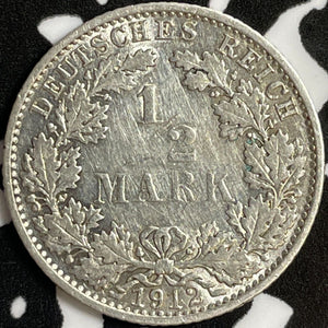 1912-E Germany 1/2 Mark Half Mark Lot#D6981 Silver! Key Date!