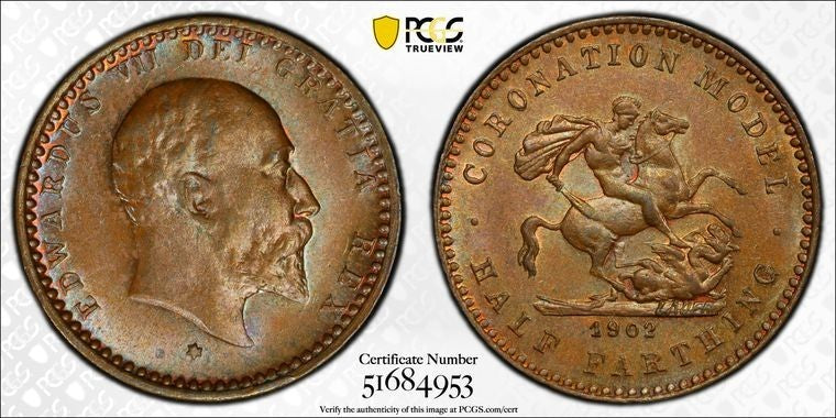 1902 G.B. Edward VII Coronation Model 1/2 Farthing PCGS MS65BN Lot#G2130 Gem BU!