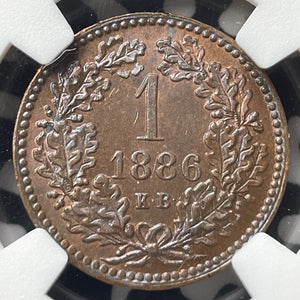 1886-KB Hungary 1 Kreuzer NGC MS64BN Lot#G8693 Choice UNC!