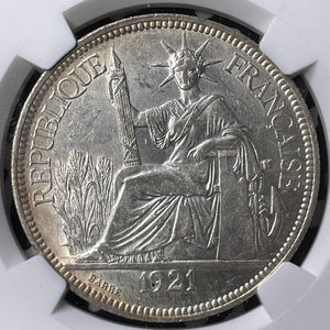 1921-H French Indo-China 1 Piastre NGC MS61 Lot#G9484 Large Silver! Nice UNC!