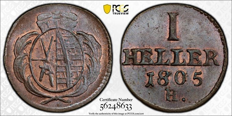 1805/705-H Germany Saxony 1 Heller PCGS MS65BN Lot#G2199 Top Graded! Large 'H'