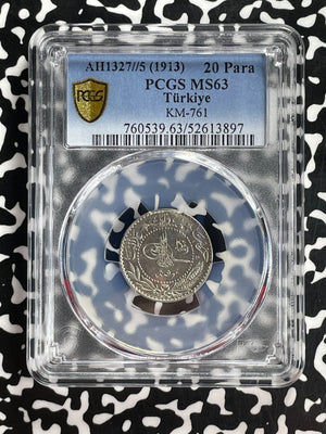 AH 1327 Year 5 (1913) Turkey 20 Para PCGS MS63 Lot#G874 Choice UNC! KM#761