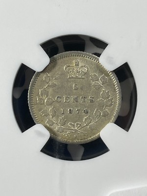 1874-H Canada 5 Cents NGC AU55 Lot#G9877 Silver! Small Date Plain '4' Variety