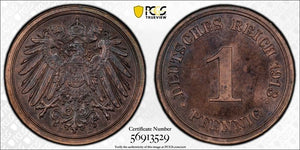 1913-E Germany 1 Pfennig PCGS PR65BN Lot#G1086 Proof! Gem BU! Scarce!