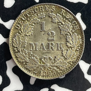 1905-D Germany 1/2 Mark Lot#T7756 Silver! High Grade! Beautiful!