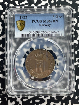1922 Norway 5 Ore PCGS MS62BN Lot#G711 Nice UNC!