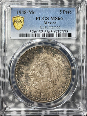 1948-Mo Mexico 5 Pesos PCGS MS66 Lot#G7924 Large Silver! Beautiful Toning!