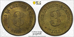 (c.1886) Guatemala 3 Reales Token PCGS MS61 Lot#G9205 Solo Top Graded! Brass