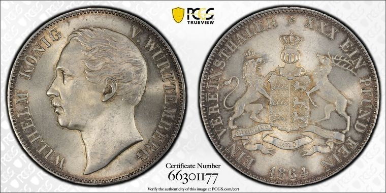 1864 Germany Wurttemberg 1 Thaler PCGS UNC Details Lot#G4208 Silver! KM#601