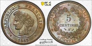 1883-A France 5 Centimes PCGS MS63BN Lot#G8132 Choice UNC! Gad-157a