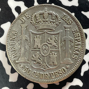 1868 Spanish Philippines 50 Centavos Lot#T4673 Silver!
