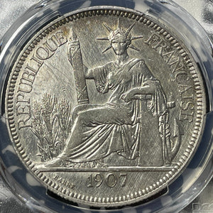 1907-A French Indo-China 1 Piastre PCGS Harshly Cleaned AU Det Lot#G8318 Silver!