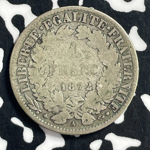1872-A France 1 Franc Lot#T6849 Silver!