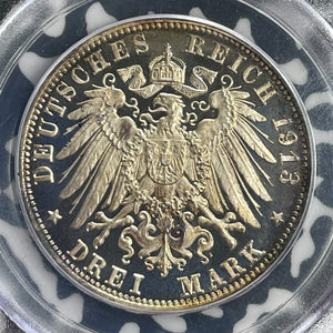 1913-E Germany Saxony 3 Mark PCGS PR65 DCAM Lot#G1078 Silver! Proof! Gem BU!